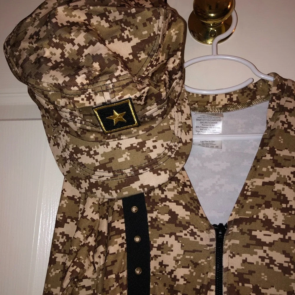 Girl’s Halloween Costume - Camo Military Romper with Hat and Fanny Pack.